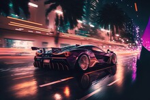 Through the dark city streets, a luxury sports vehicle speeds. Generative AI