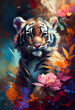 A charming portrait of a tiger with a dynamic pose is depicted in this stunning oil painting. The tiger animal is set against a backdrop of delicate florals. Generative AI.