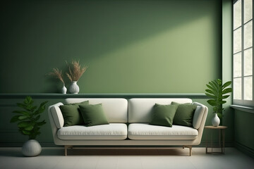 Modern living room with a sofa in green tones. Clean minimalist background with contemporary design. Modern interior design, generative ai.