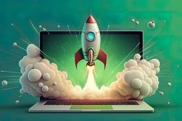 Rocket coming out of laptop screen, green background. AI digital illustration concept of ideas and start up. Generative AI