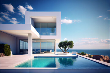 Wall Mural - Minimalist contemporary residential villa with modern architecture, swimming pool and sea view in the background. With generative AI illustration