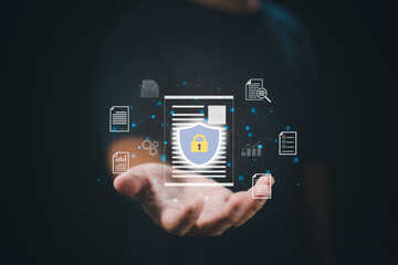 Poster - concept is data security access. Shields protect sensitive data. Internet security.