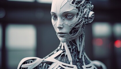 Futuristic AI Android in cinematic lighting, photoreal, realism, porcelan skin created with generative ai technology