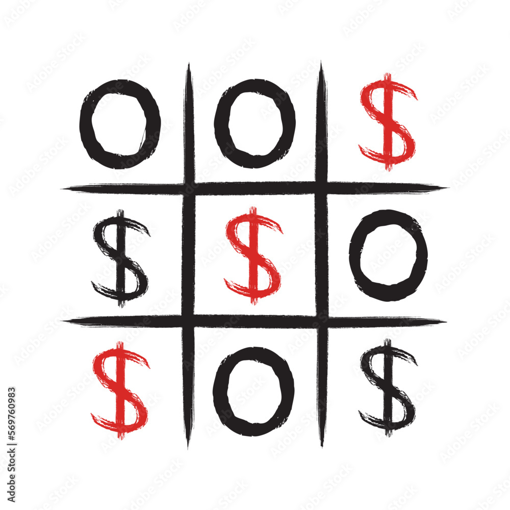 Tic-tac-toe game with dollar signs. Funny hand drawn poster for print, banners, web. Doodle design about risk management, successful and profitable business project. Vector illustration