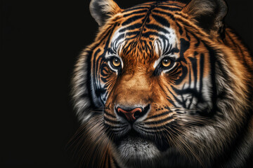 Wall Mural - Bengal tiger portrait, big wild cat head isolated on black background, wildlife safari face close up, zoo banner
