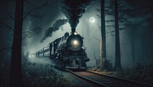 Train Passing Trees At Night
