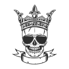vintage scary skull in royal crown concept with ribbon and sunglasses accessory to protect eyes from