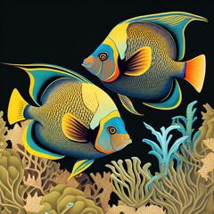 Wall Mural - Underwater Angelfish Ocean Scene Illustration, Generative AI