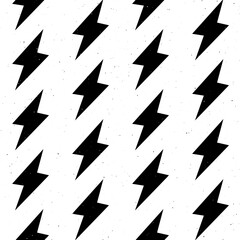 Grunge lightning bolts seamless pattern. Black thunderbolts repeating background. Textured storm and lightning strikes ornament wallpaper. Energy power or electricity voltage symbols. 