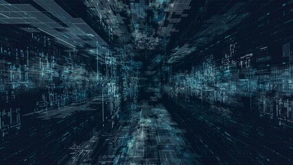 Wall Mural - Flying movement at digital space sci fi tunnel with hi tech information 