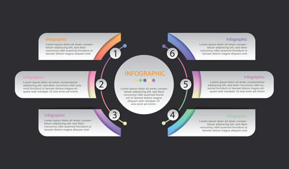 Fototapete - Vector infographics are used for presenting or showing work sequences in a simple way. There are 6 sequences. Use in presentations with a black background.