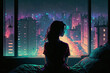 A woman who has a lot of thoughts can't sleep in her bedroom, city lights background, ai generated