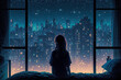 A woman who has a lot of thoughts can't sleep in her bedroom, city lights background, ai generated