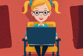 Poster - cartoon minimalism girl in a chair behind a laptop. Generative AI
