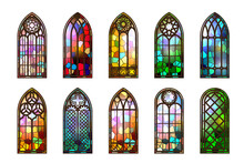Gothic Stained Glass Windows. Church Medieval Arches. Catholic Cathedral Mosaic Frames. Old Architecture Design. Vector Set