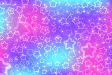 Pink sky with stars and bokeh. Kawaii fantasy background. Magic glitter space with iridescent texture. Abstract vector wallpaper