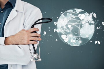 Leinwandbilder - Closeup, stethoscope and doctor with hologram, global and futuristic healthcare, trust or cure. Zoom, medical professional or male with holograph, world crisis or research for diagnosis or innovation