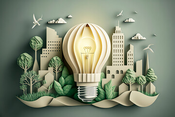 Paper cut of light bulb with green eco city , Renewable energy by 2050 Carbon neutral energy or greenhouse gas emission CO2 , Save energy creative idea concept , Generative Ai