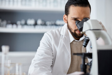 Aufkleber - Science, microscope and analytics with a doctor man at work in a laboratory for innovation or development. Medical, research and biotechnology with a male scientist working in a lab for breakthrough