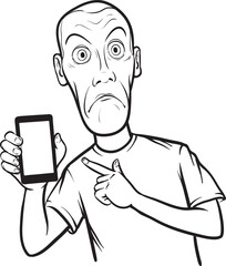 Wall Mural - line drawing of a shocked young man showing a mobile app on a smart phone - PNG image with transparent background