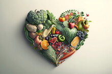 Heart Shaped Fruit And Vegetables, 3d Art Style, Healthy Food, For World Health Day Background Illustration AI Generated