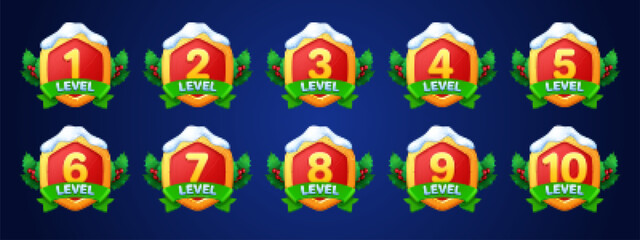 Poster - Game winter holiday badges with level number. Achievement rank emblems, golden red hexagon label, game level with green ribbon and holly berry, leaves, snow, vector cartoon set isolated on background