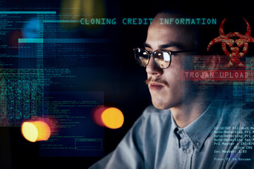 Fototapete - Cyber security, hacker and night with man and coding for software, digital transformation and phishing. Cloud computing, matrix and website with programmer for password, technology and data hacking