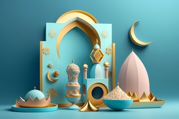 Ramadan kareem Celebrations Illustration 3D Render with soft Blue Color design