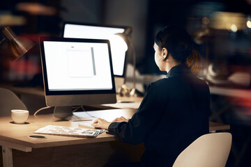 Poster - Office, overtime and woman at computer, developer with data innovation at tech startup. Internet, web design and designer working late at night on future software ideas for technology for company.