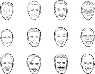Wall Mural - whiteboard drawing cartoon avatar smiling men heads - PNG image with transparent background