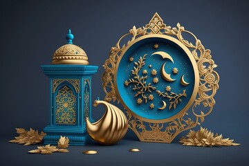 Wall Mural - Ramadan kareem Illustration 3D Render on Soft Blue Color