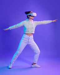 Poster - Woman, metaverse and virtual reality glasses for futuristic gaming, cyber and digital world. Gamer person with hands for ar body balance, 3d experience and creative cyberpunk purple background app