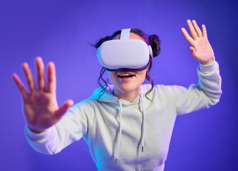 Poster - Woman in metaverse with virtual reality glasses for futuristic gaming, cyber and 3d world. Excited gamer person with hand for wow ar, digital experience and creative cyberpunk purple background app