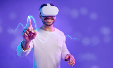Poster - Futuristic, hand and virtual reality, man and screen touch, metaverse and technology innovation in studio. Digital transformation, ux and gaming, cyber tech overlay and vr goggles with mockup space