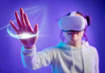 Poster - Metaverse, virtual reality and a woman with vr glasses for futuristic gaming, cyber and 3d world. Gamer person with hand for ar light, digital experience and creative cyberpunk purple background app