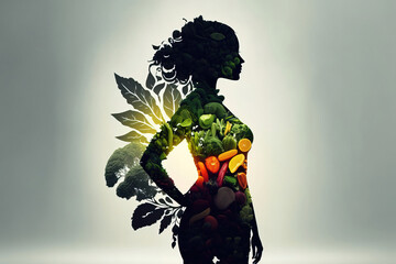 body of woman made from vegetable and fruit, healthy food, for world health day background illustrat