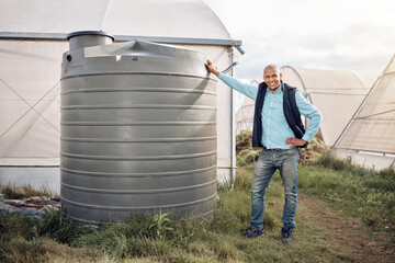 Man, portrait and water tank in farming liquid or soil hydration for vegetables, food and crops growth. Irrigation, storage and agriculture container for watering conservation, smile or happy farmer