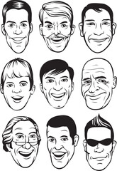 Sticker - whiteboard drawing smiling men faces set - PNG image with transparent background