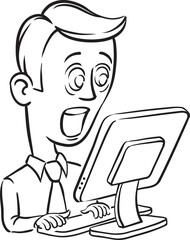 Poster - whiteboard drawing surprised businessmanand desktop computer - PNG image with transparent background