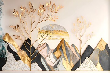 Wall Mural - 3d mural wallpaper. Drawing modern Landscape art with leaves tree, golden lines, golden sun and mountain, colorful marble background, Suitable for use as a frame on wall