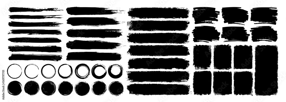 Set of vector paint brush stroke, ink splash and grungy decoration ...