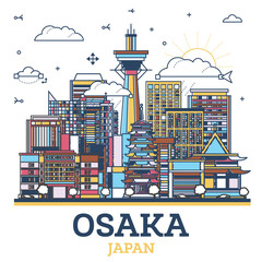 Fototapete - Outline Osaka Japan City Skyline with Modern Colored Buildings Isolated on White. Osaka Cityscape with Landmarks.