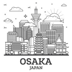 Wall Mural - Outline Osaka Japan City Skyline with Modern Buildings Isolated on White. Osaka Cityscape with Landmarks.