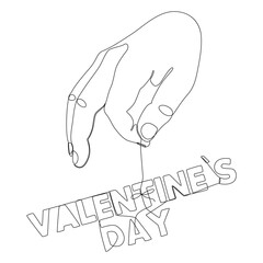 Poster - One continuous line of hand holding a string with Valentine’s Day word. Thin Line Illustration vector concept. Contour Drawing Creative ideas.