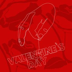 Poster - One continuous line of hand holding a string with Valentine’s Day word. Thin Line Illustration vector concept. Contour Drawing Creative ideas.