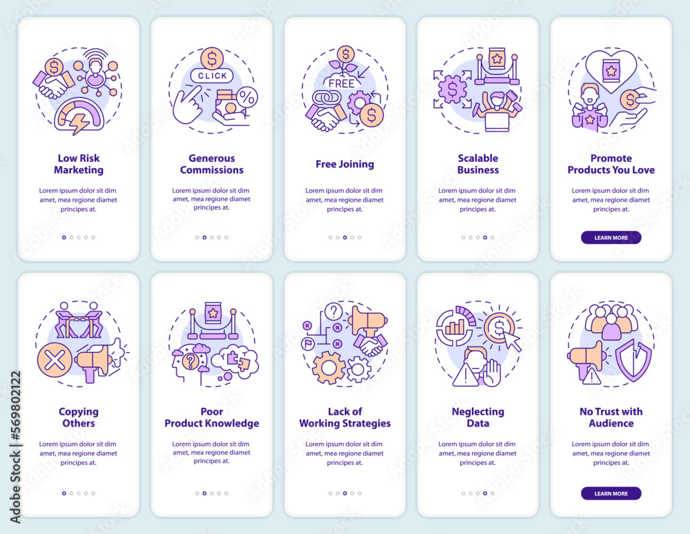 Affiliate marketer cons and pros onboarding mobile app screens set ...