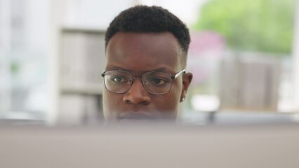 Poster - Hacker, cyber security or serious black man programmer for thinking, coding or UX web designer software. Face, thinking or programmer on tech for planning analytics, data analysis or strategy at work