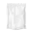 Square blank white retort stand-up pouch with zip lock realistic vector mockup. Flexible plastic bag mock-up. Food product zipper package. Template for design