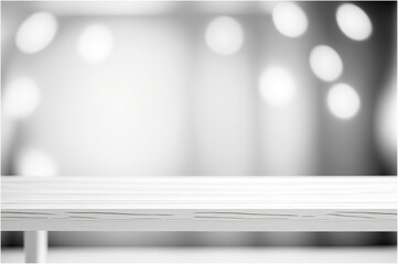 White Wood Presentation Table with Blurred Background with Lights 