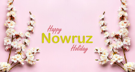 Sprigs of the apricot tree with flowers on pink background Text Happy Nowruz Holiday Concept of spring came Top view Flat lay Hello march, april, may, persian new year